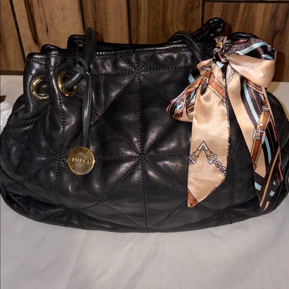 Furla Carmen Black Quilted Shoulder Bag with Scarf. - Picture 15 of 16